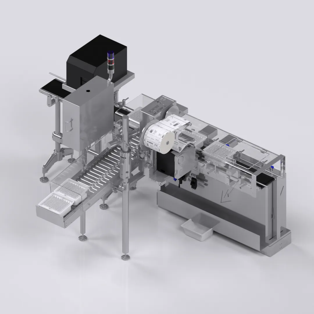 GS1 identification and labelling station for syringe nests/tubs, stainless steel overview with label reel