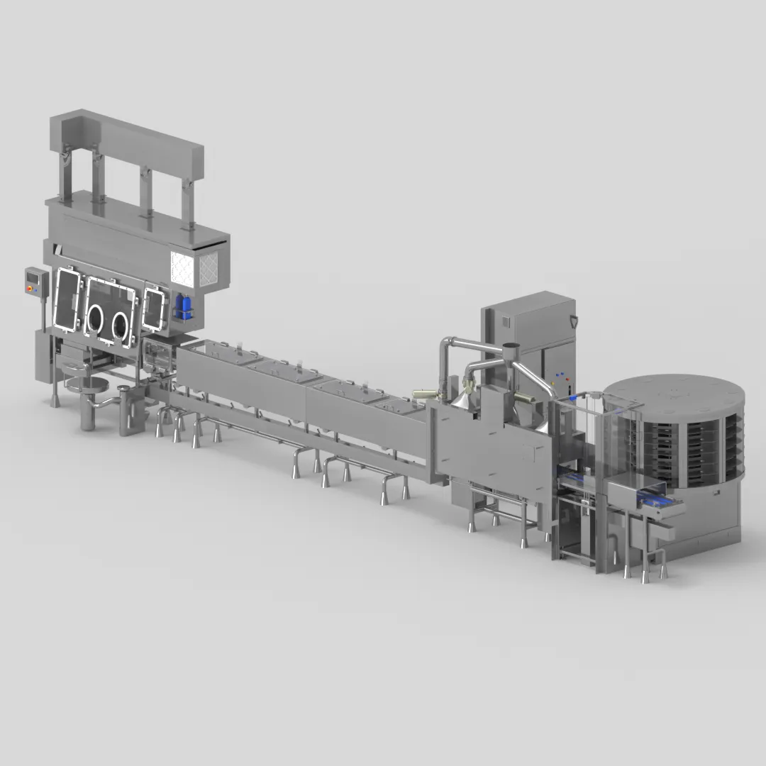 Nest/tub debagging and decontamination line, overview: feeding carousel on the right, decontamination chamber, conveyor and debagging isolator on the left