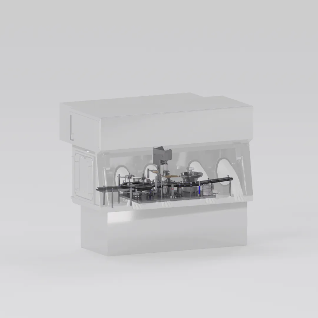 Aseptic filling and capping system, see-through view of the isolator and of the filling and capping mechanism