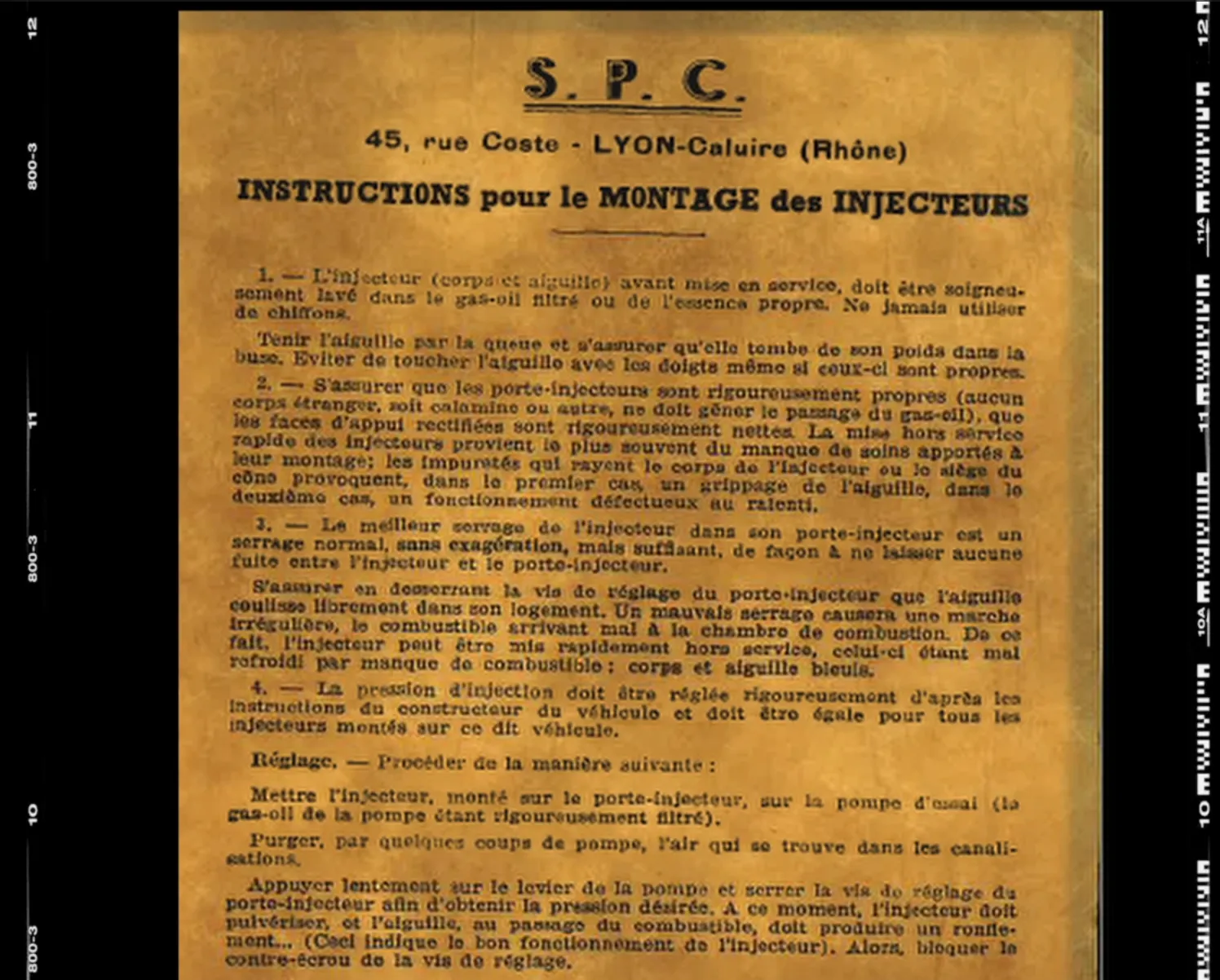 Document d'époque S.P.C. : instructions de montage des injecteurs, Lyon-Caluire