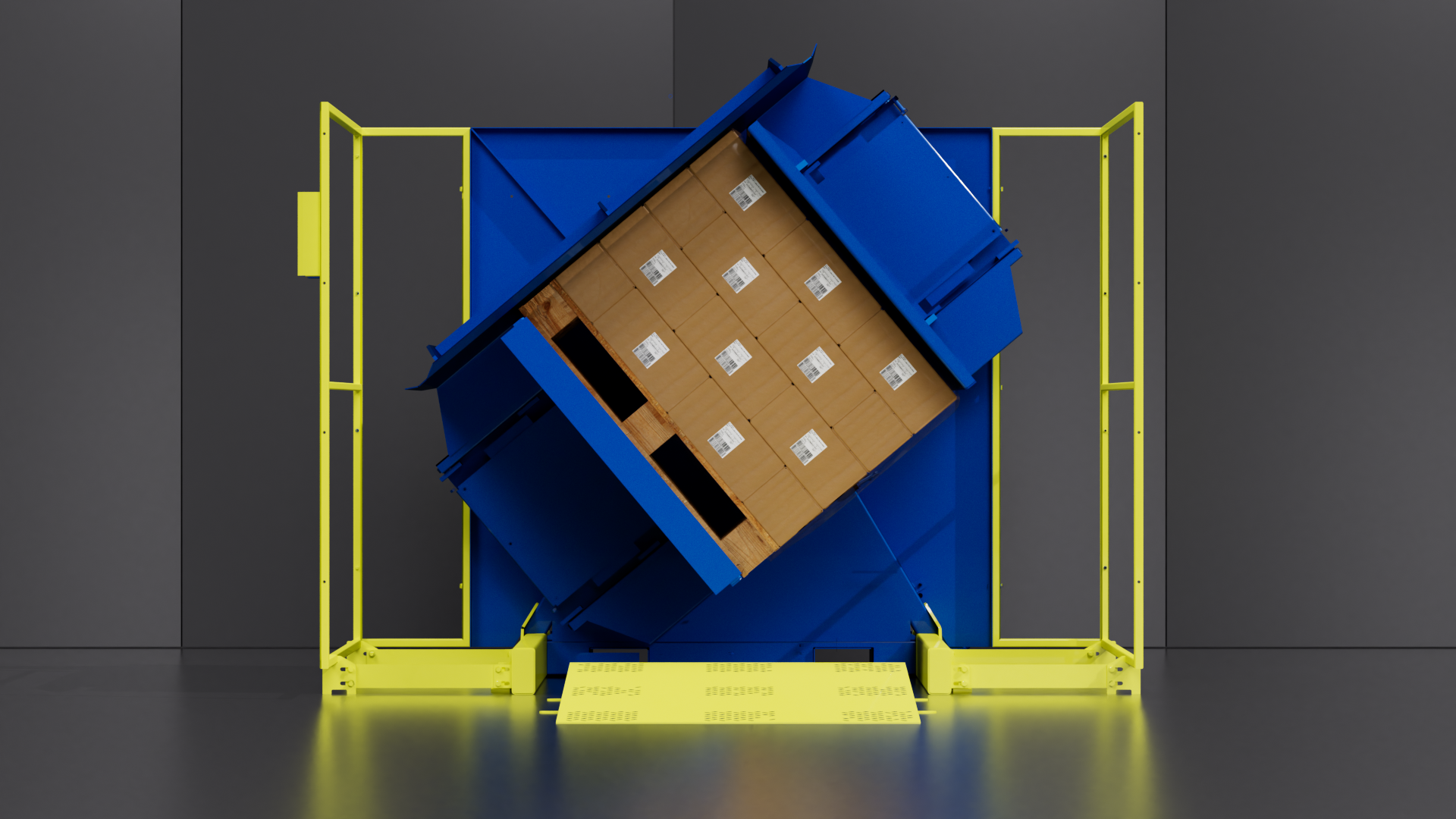 Nos retourneurs de palettes permettent la rotation à 180°, la bascule à 90° ou le serrage latéral de vos charge pour un changement de palette bois à plastique. 